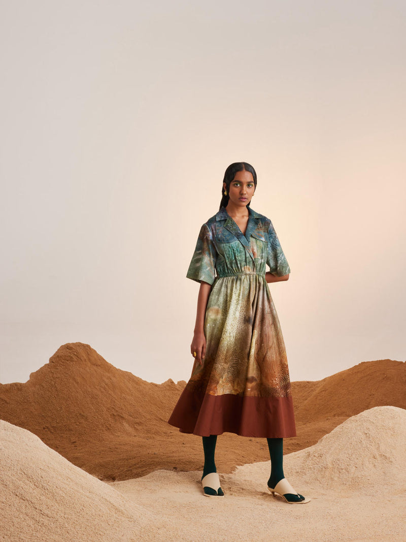 Print Blocked Dress-Underwater cotton Dress by CORD for women in Singapore