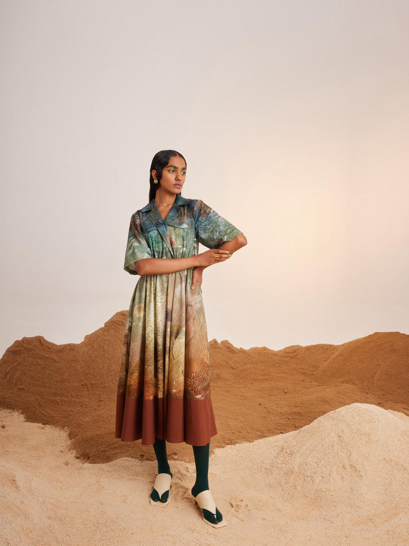 Print Blocked Dress-Underwater cotton Dress by CORD for women in Singapore