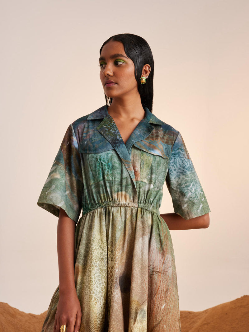 Print Blocked Dress-Underwater cotton Dress by CORD for women in Singapore