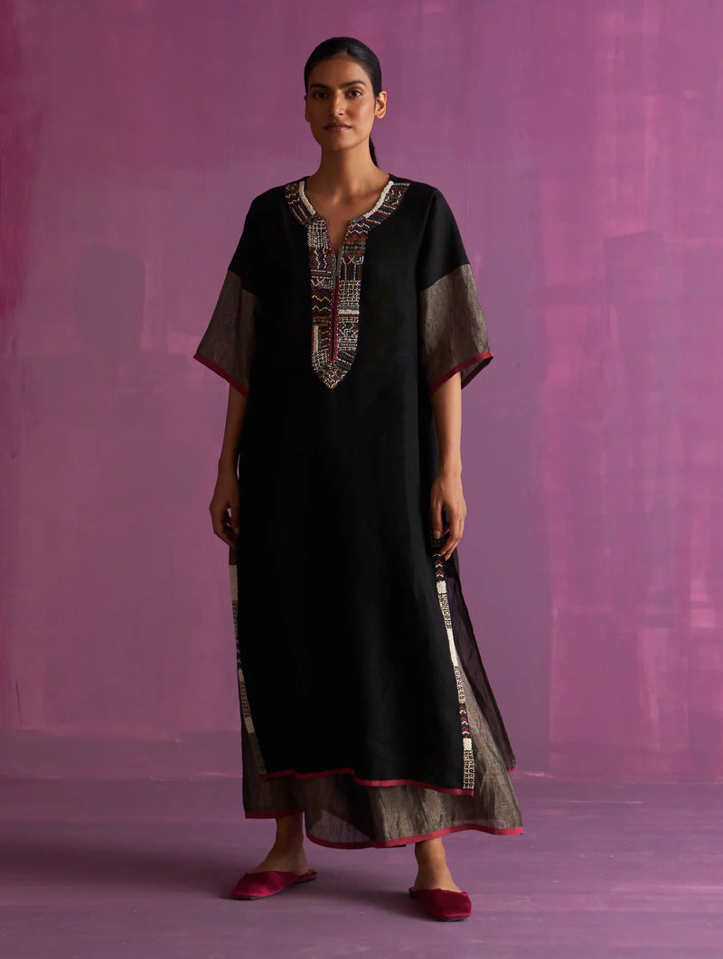 Mato Hand-Embroidered Kurta Set - Black linen by Manan in black color for women in Singapore