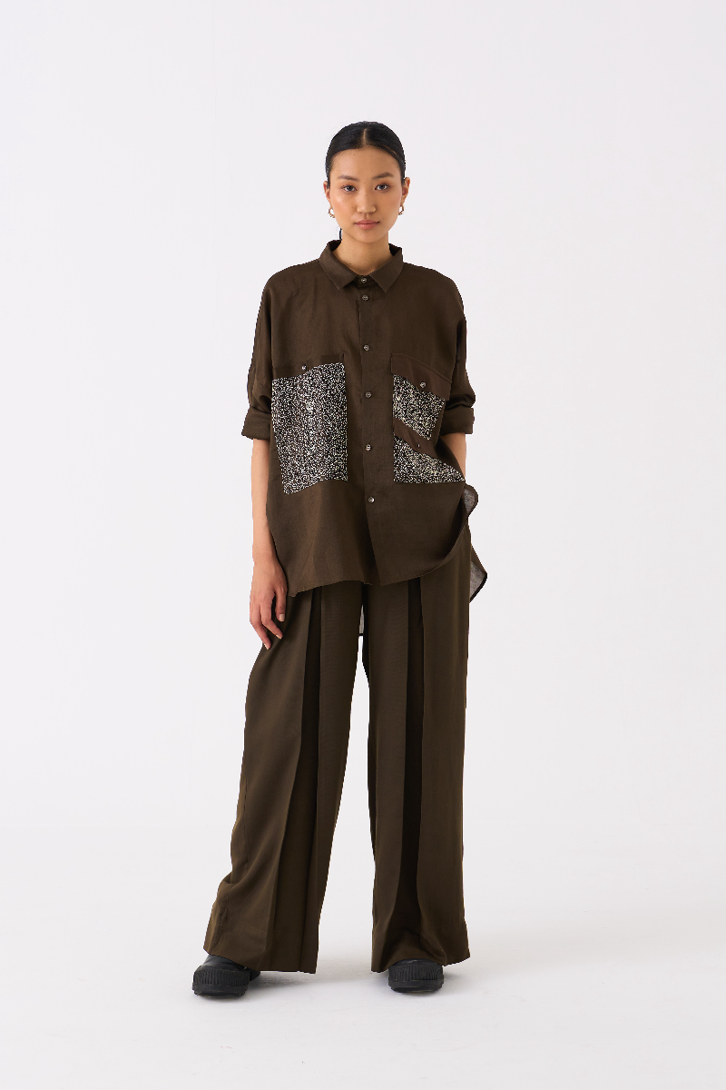 PATCH POCKET SHIRT CO-ORD
(SET OF 2)-DARK OLIVE poplin by THREE in olive color for women in Singapore