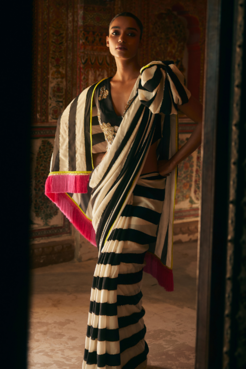 Khel Black And White Stripe Saree With Waistcoat Blouse by Rajiramniq in black color for women in Singapore