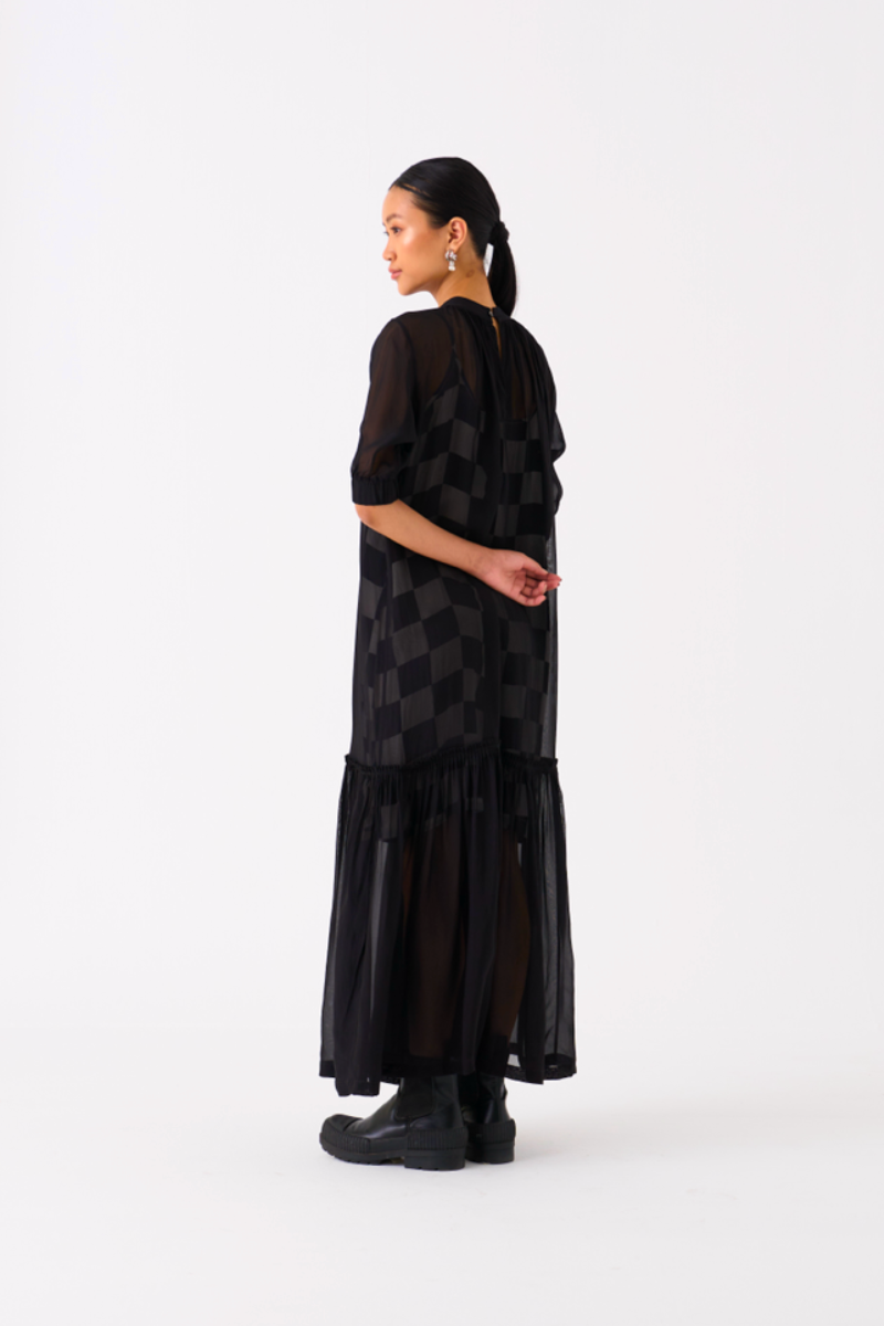 SHEER BOTTOM FRILL DRESS
-BLACK organza by THREE in black color for women in Singapore