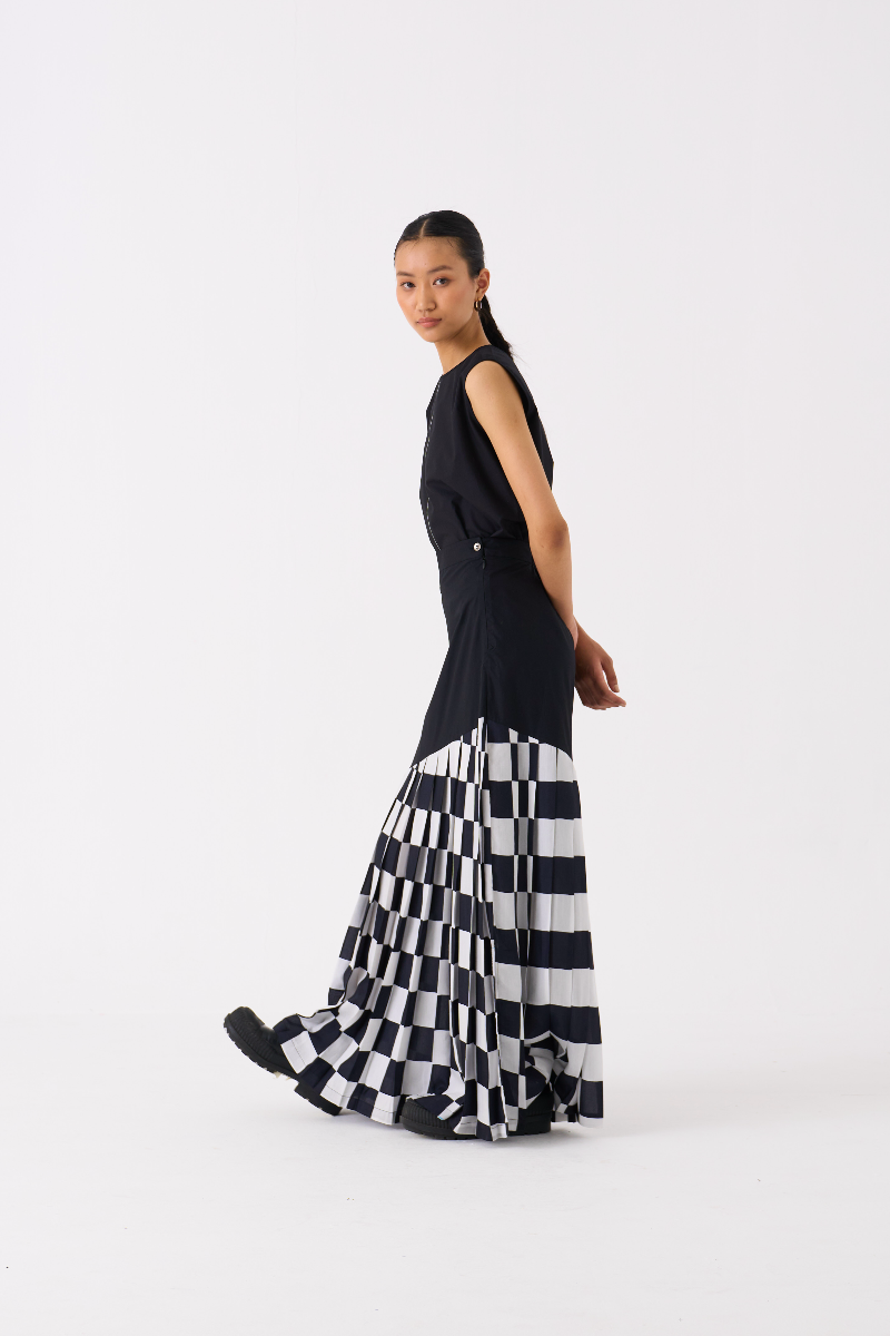 CHECKERED SKIRT-BLACK CHECK bemberg by THREE in black color for women in Singapore