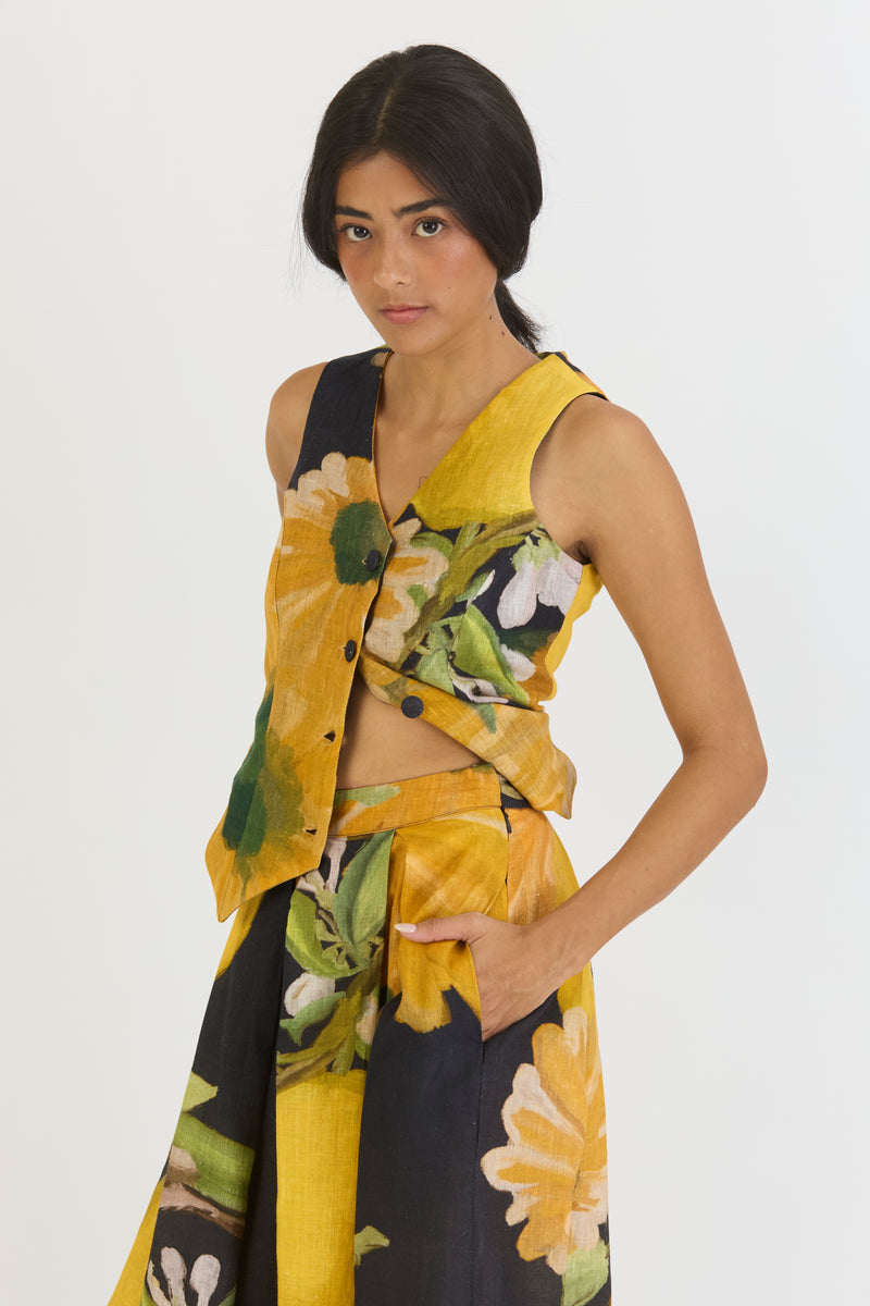 POMELLO WAISTCOAT AND BOX PLEAT SKIRT SET linen by Yam in yellow color for women in Singapore
