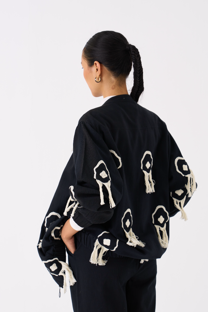 FRINGE BOMBER JACKET CO-ORD 
(SET OF 2)-BLACK by THREE in black color for women in Singapore
