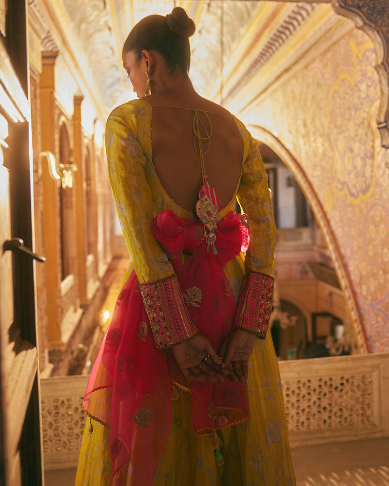 Khel Yellow Printed Tissue Anarkali silk by Rajiramniq in multi color for women in Singapore