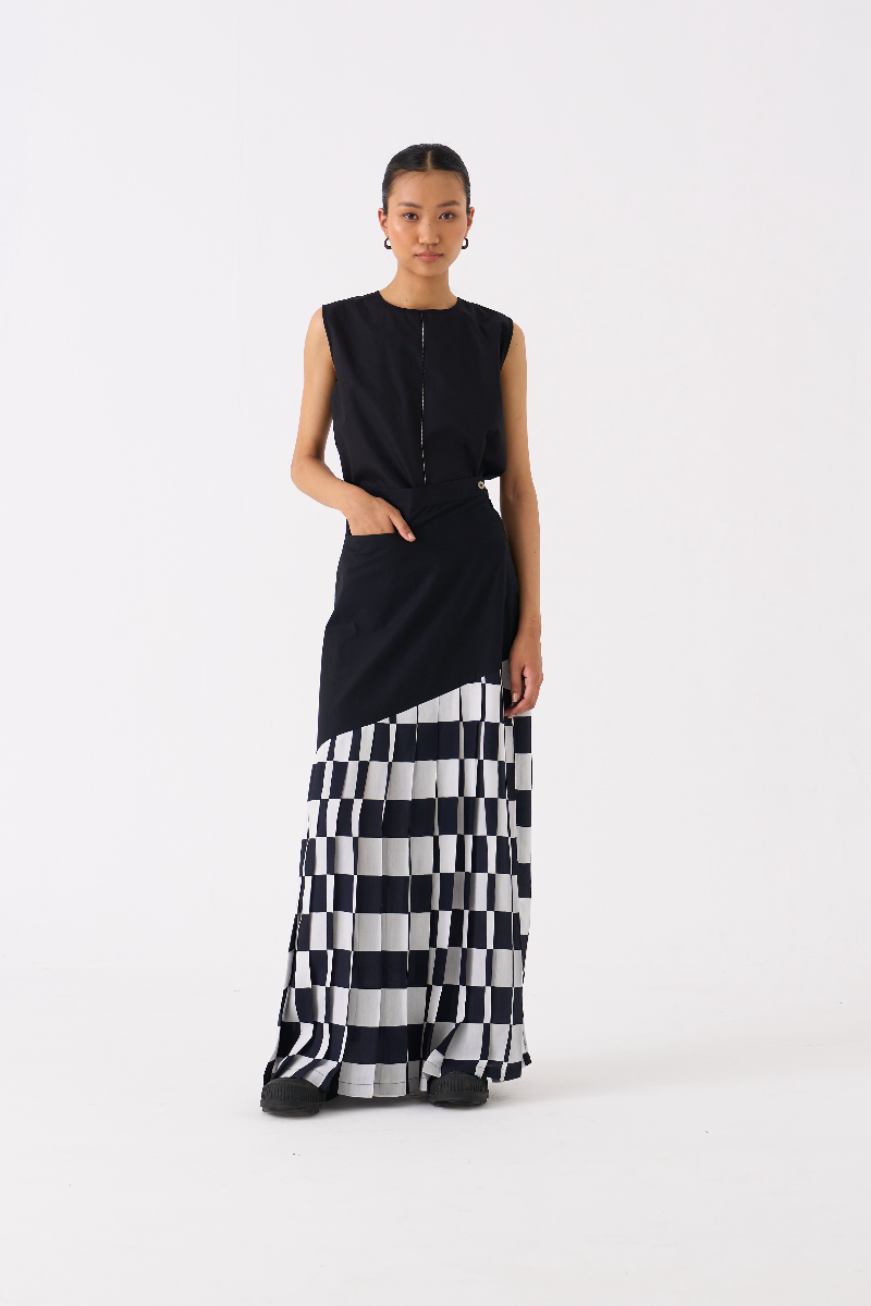 CHECKERED SKIRT-BLACK CHECK bemberg by THREE in black color for women in Singapore