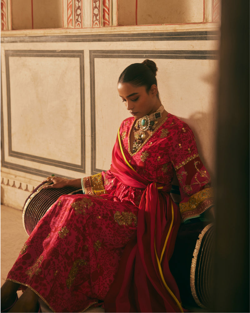 Khel Hot Pink Red Shadow Print Front Puckering Kurta Set mul by Rajiramniq in multi color for women in Singapore