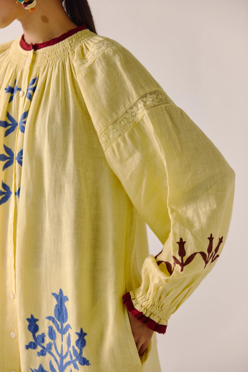 Chloe Dress - Butter Yellow Bird Applique linen by CORD in yellow for women in Singapore