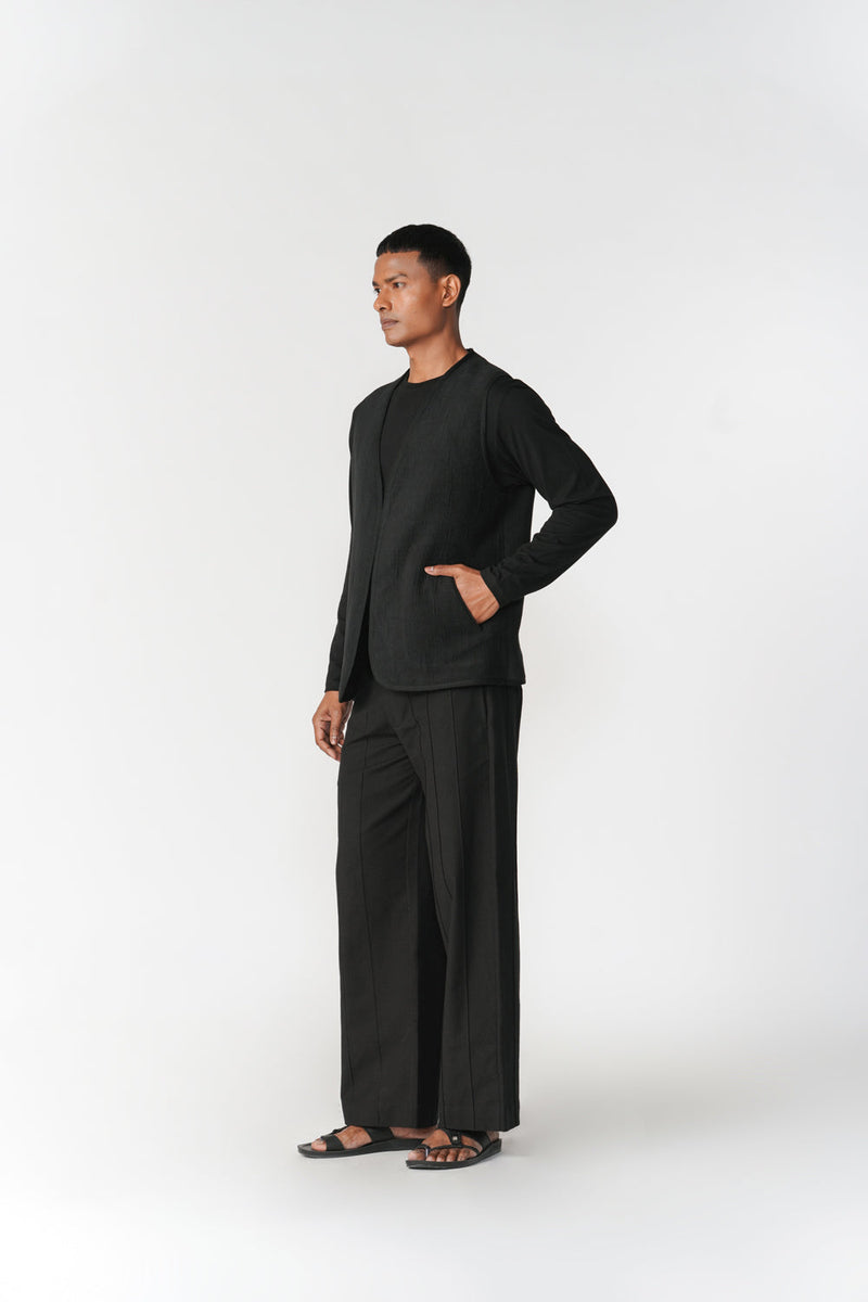 Reversible Linen-Chenille Vest jacket/overlay by Turn Black in black for men in Singapore