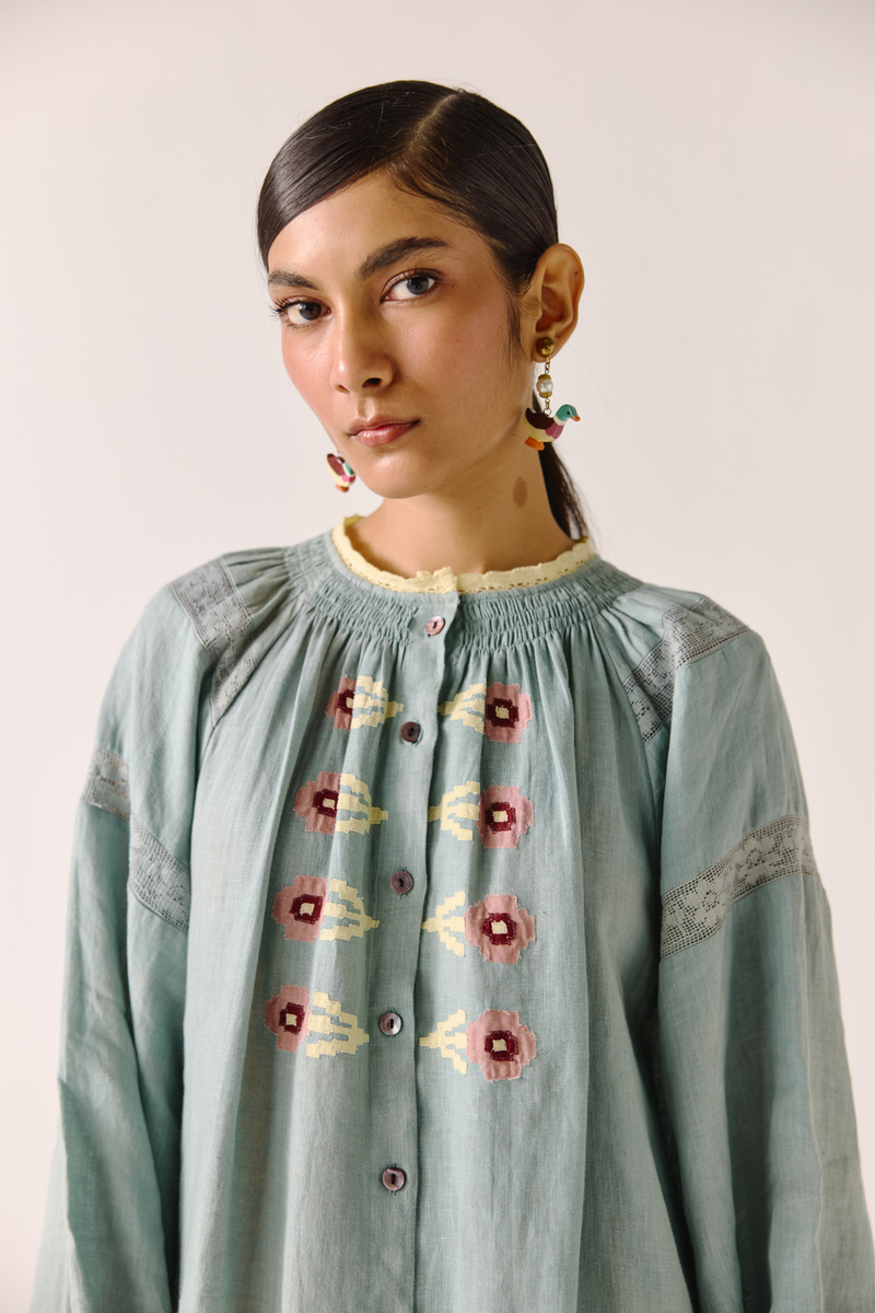 Chloe Dress - Pale Blue Pixel Applique linen by CORD in blue for women in Singapore
