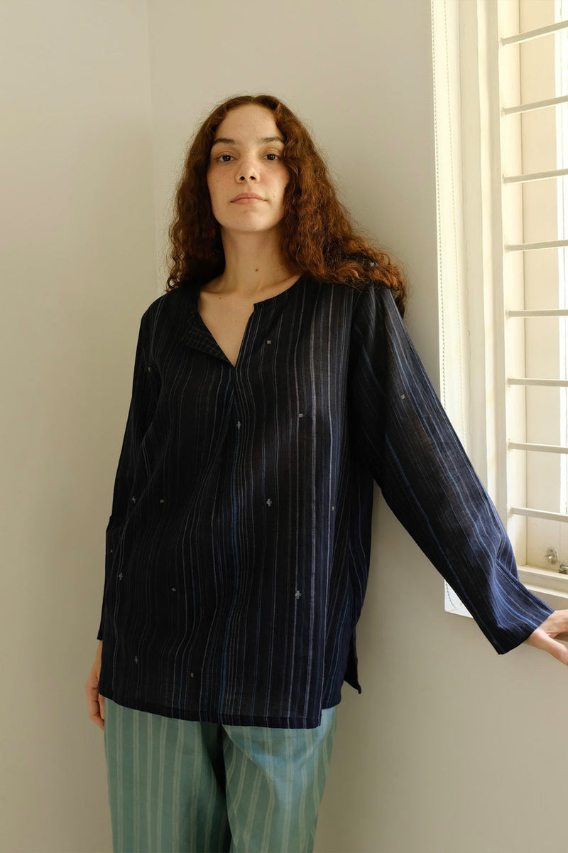 Maya-Midnight Jamdani Top cotton jamdani top/shirt by MASON AND MILL in blue for women in Singapore