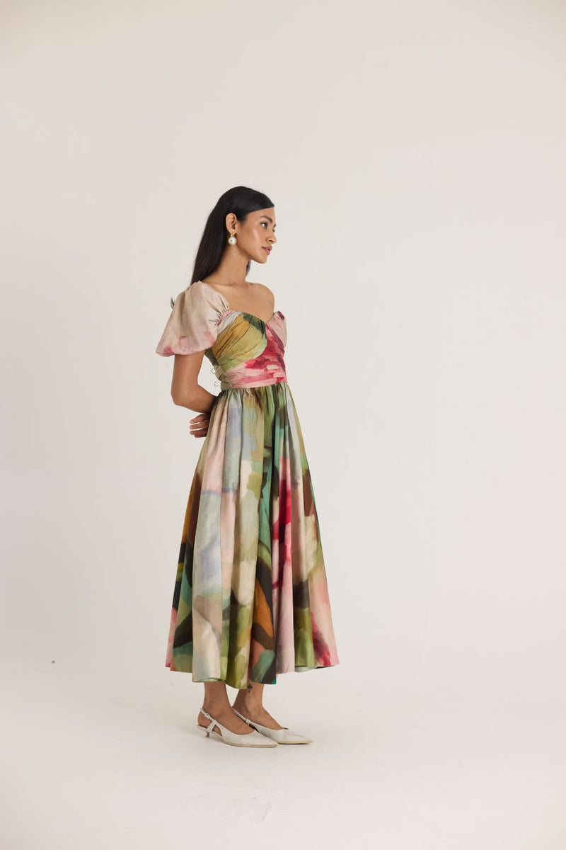TILLY PUFF SLEEVE DRESS satin by Yam in multi color for women in Singapore