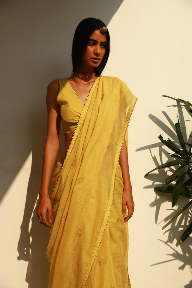 Nazaqat sari Saree by Khara Kapas in yellow for women in Singapore
