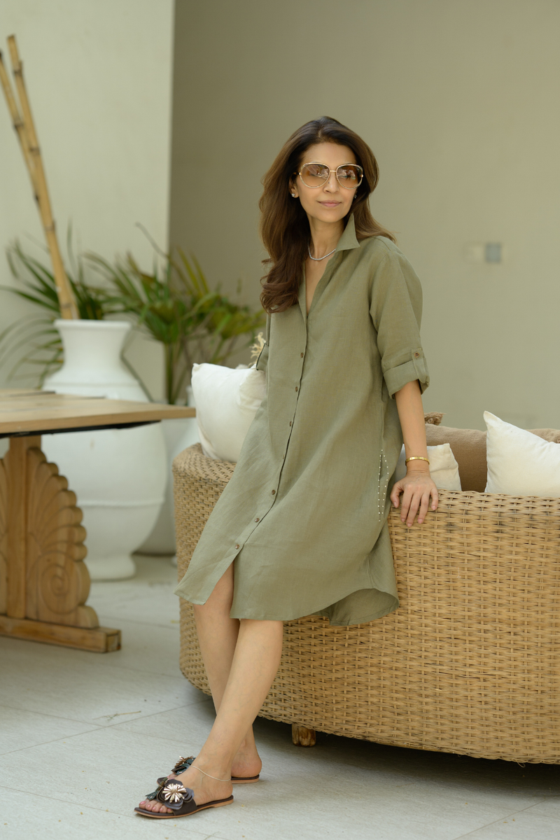 Khaki Shirt Dress linen dress by Zanzibar Living in multicolor for women in Singapore