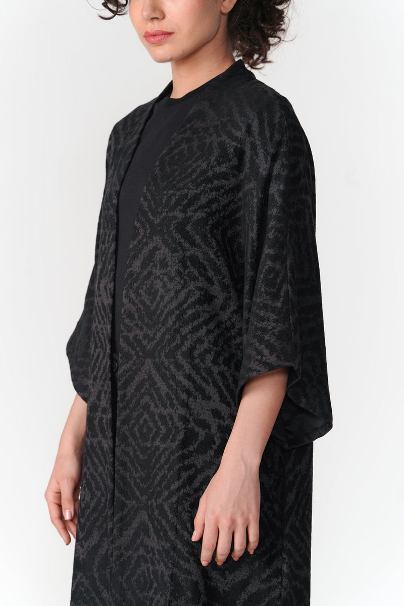 Jacquard Kimono Sleeve Overlay viscose cotton jacket/overlay by Turn Black in black for women in Singapore
