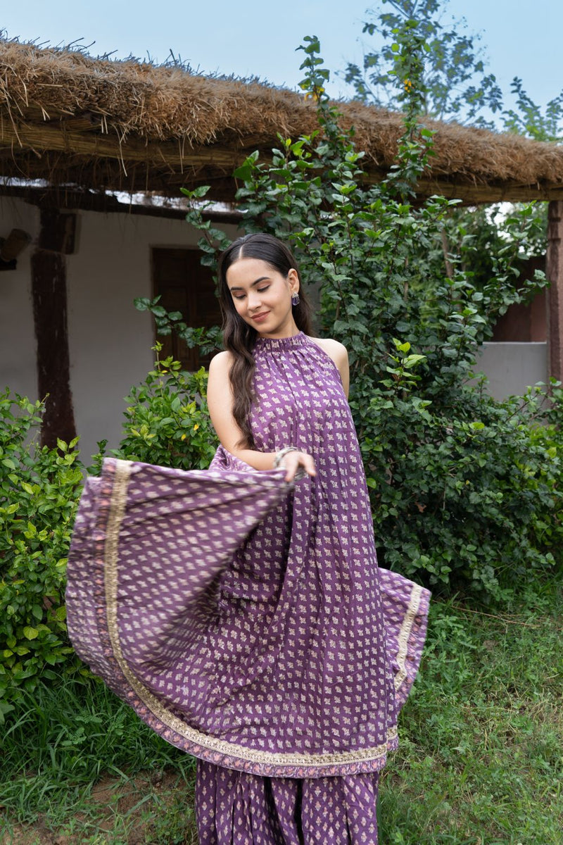 Saundh Purple and Peach Cotton block printed floral ghera dress cotton Buy Saundh Purple and Peach Cotton block printed floral ghera dress from C&W | Indo-Western for Women by Maison Shefali in multi color for women in Singapore