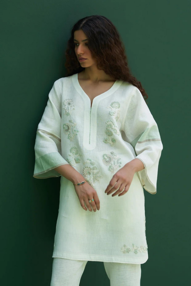 Insha Hand-Embroidered Kurta
- Ivory linen by Manan in ivory color for women in Singapore