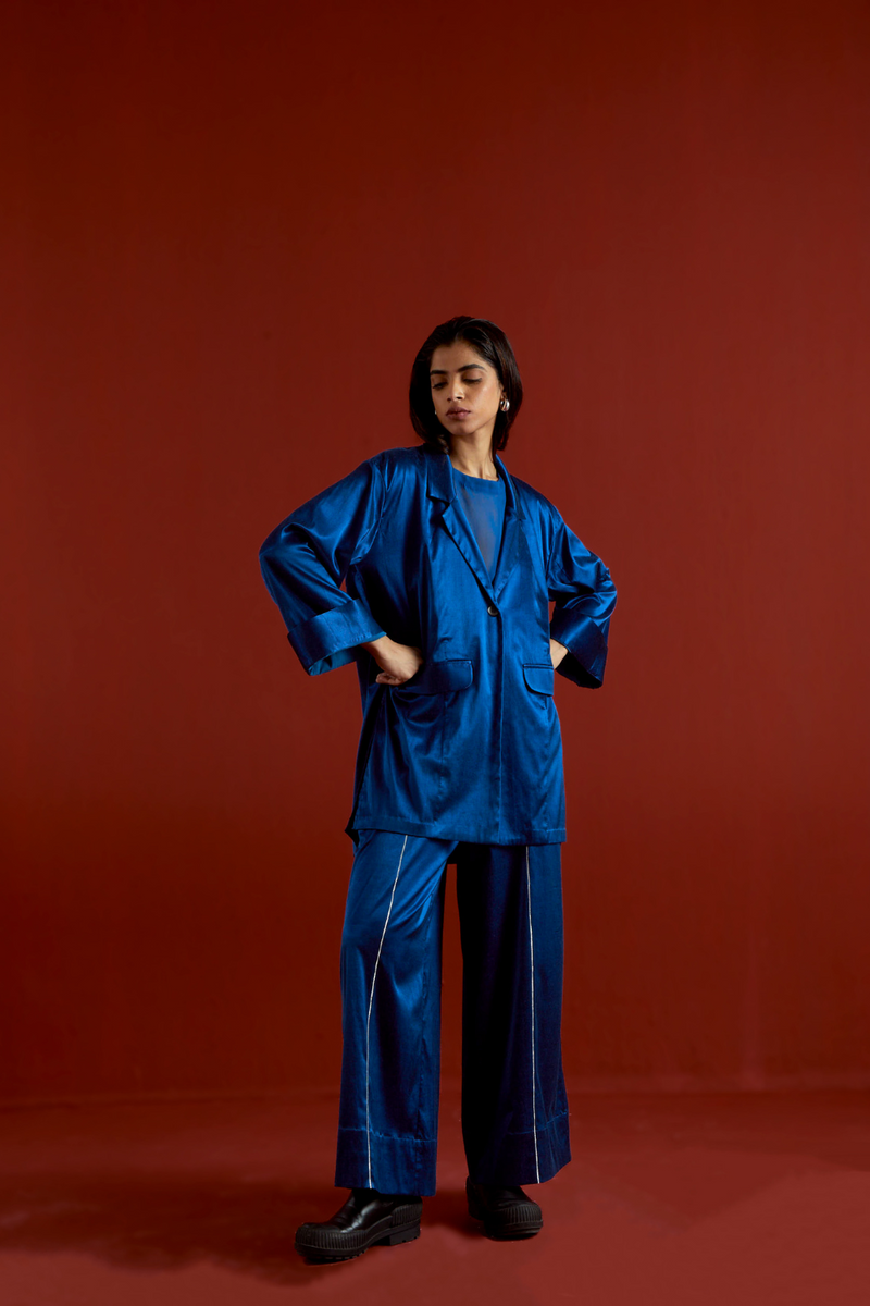 WIDE SLEEVE JACKET CO-ORD-ELECTRIC BLUE satin by THREE in blue color for women in Singapore