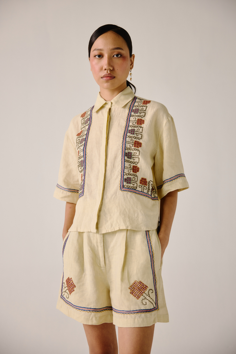 Leo Set - Ivory Cross Stitch Emb. linen by CORD in ivory for women in Singapore