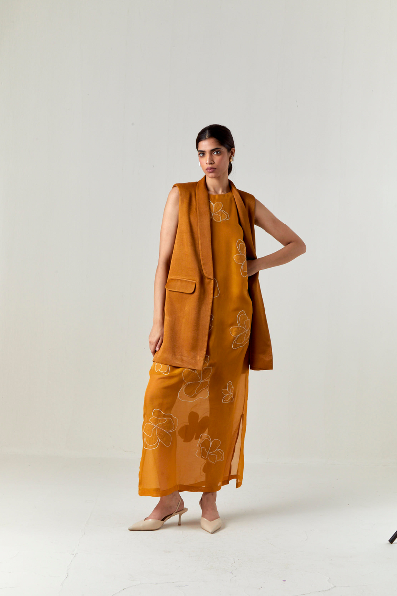 COLLARED WAIST COAT CO-ORD-OCHRE satin by THREE for women in Singapore