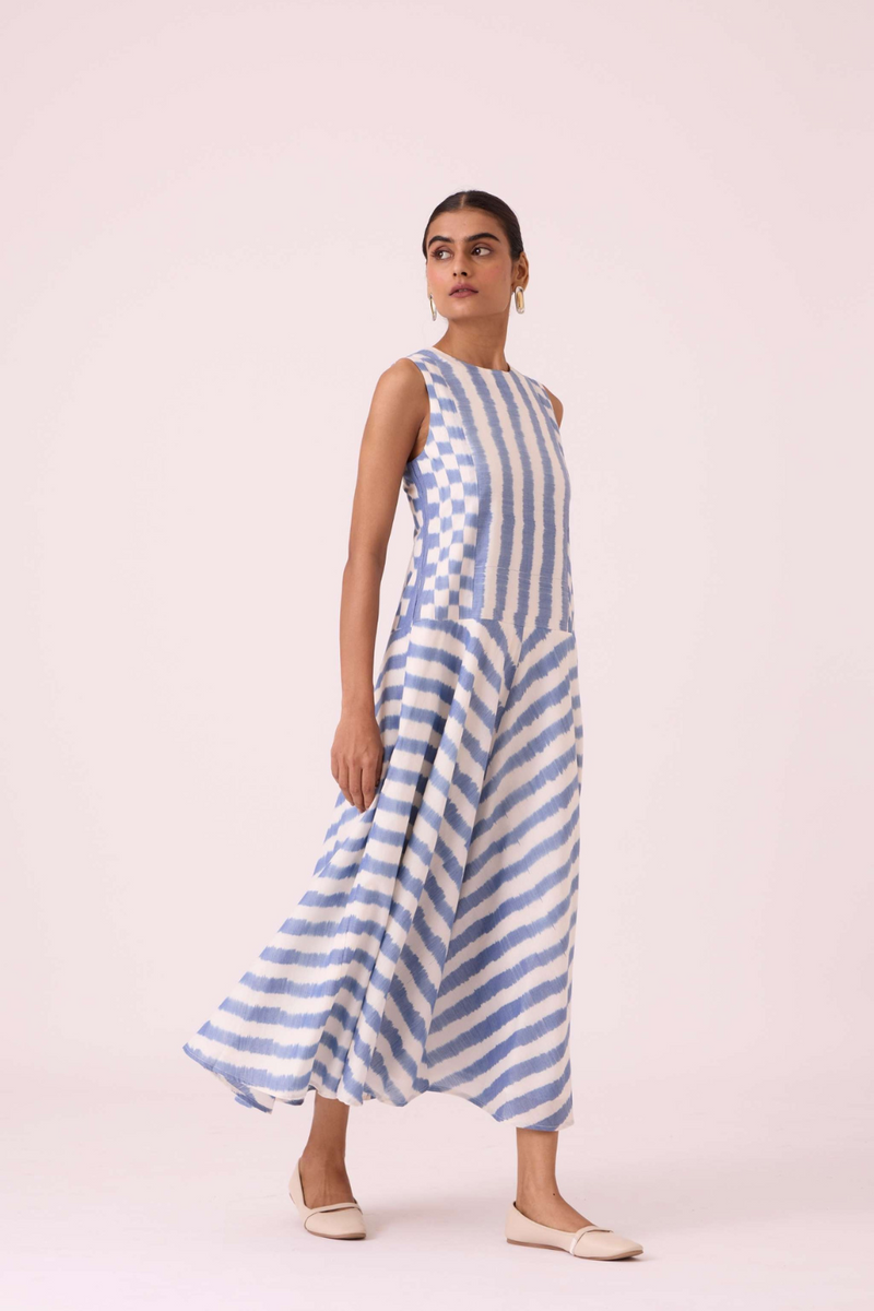 Myshkin Blue Striped Ikat Dress cotton by The Summer House in blue color for women in Singapore