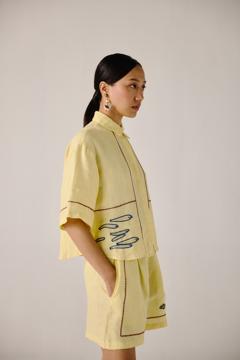 Leo Set - Butter Yellow Fish Embroidery linen by CORD in yellow for women in Singapore