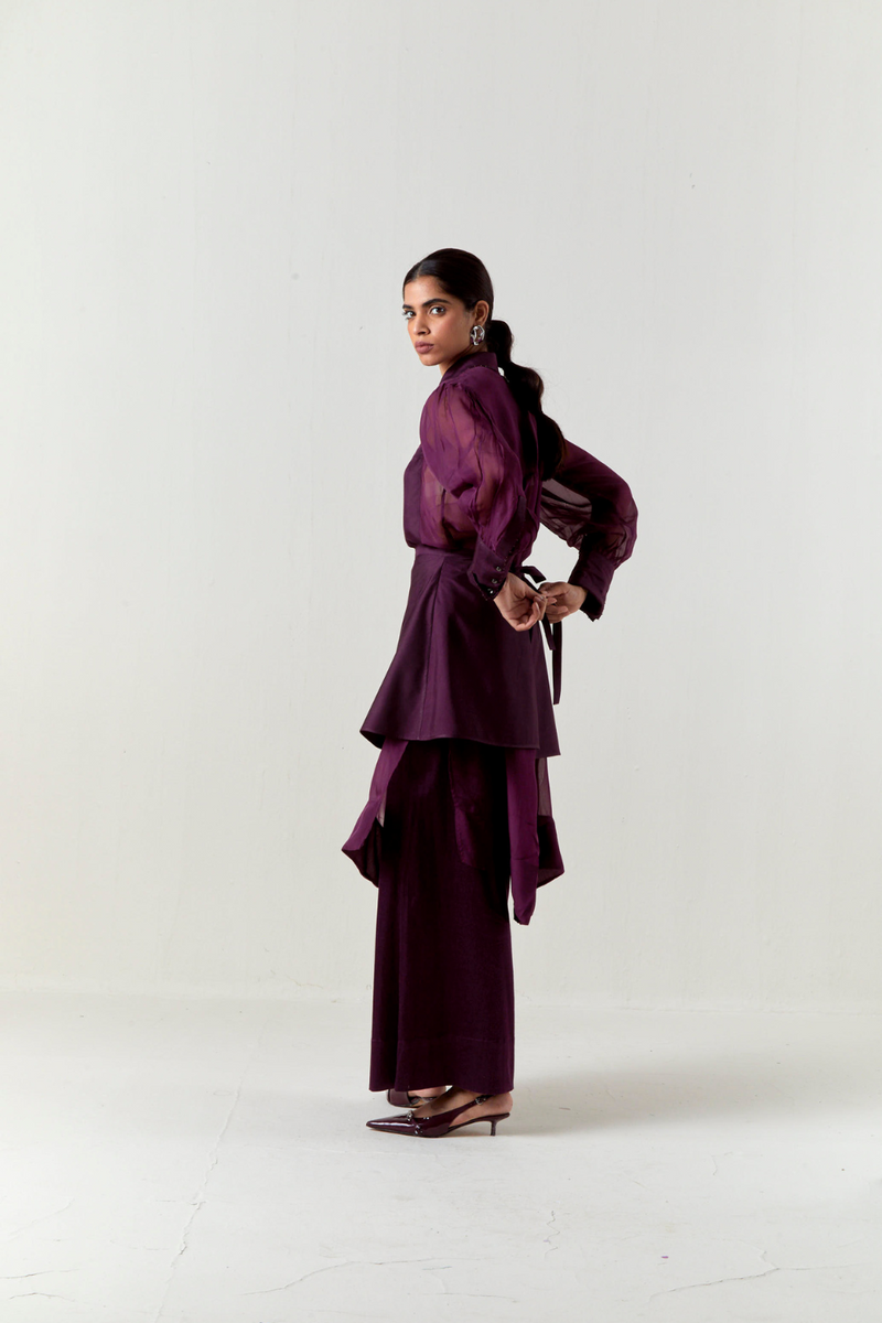 BEADED COLLAR SHEER SHIRT CO-ORD-WINE organza by THREE for women in Singapore