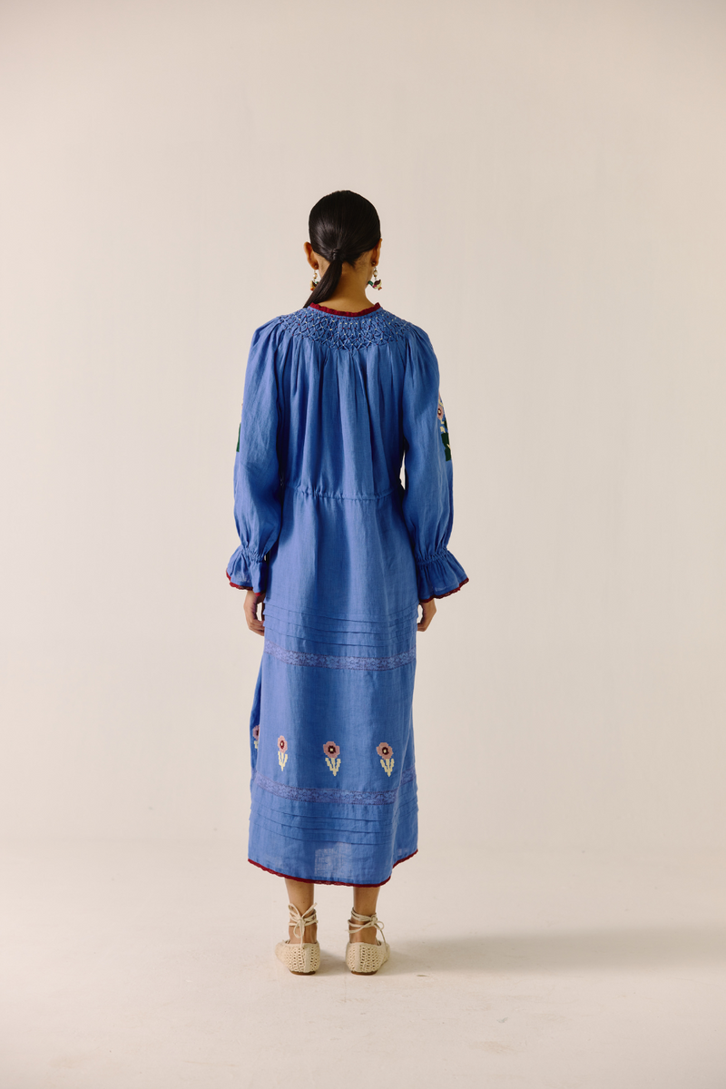 Edith Dress - Electric Blue Pixel Applique linen by CORD in blue for women in Singapore