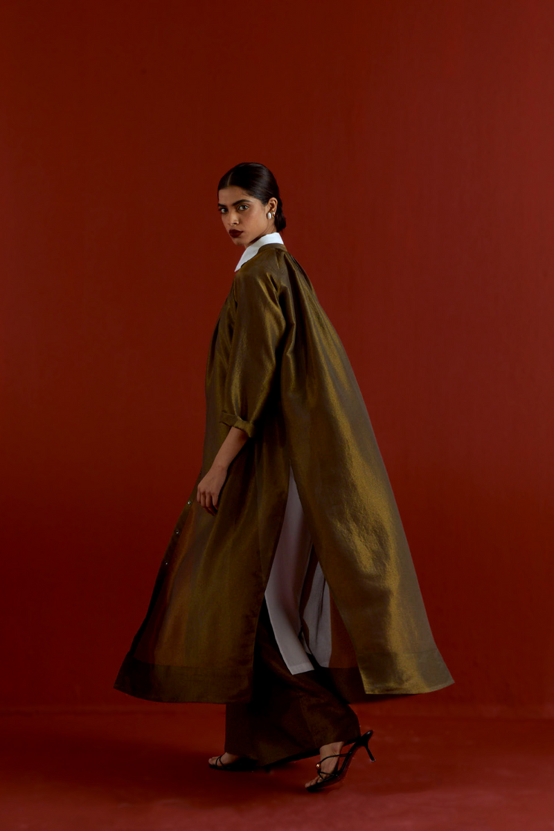 GATHER NECK SHIRT CO-ORD-OLIVE GOLD tissue by THREE in gold color for women in Singapore