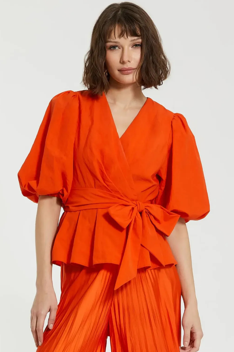Orange Faille Wrap Over Balloon Sleeve Blouse by Mac Duggal for women in Singapore