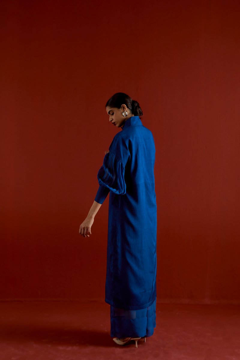 TURTLE NECK TUNIC CO-ORD-ELECTRIC BLUE silk by THREE in blue color for women in Singapore