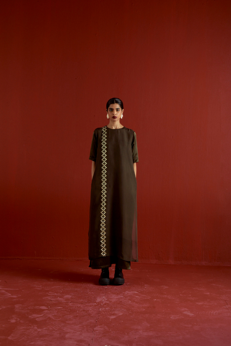 GOTA PATTI DETAIL DOUBLE LAYER DRESS-DARK OLIVE satin by THREE in olive color for women in Singapore