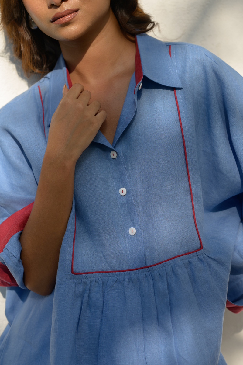 Coastal Palm Shirt linen top/shirt by Zanzibar Living in blue for women in Singapore