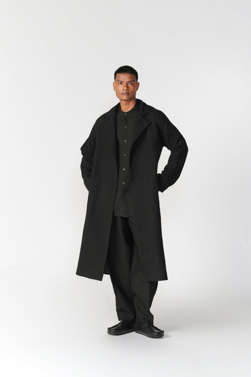 Chenille Notch Lapel Long Overcoat jacket/overlay by Turn Black in black for men in Singapore
