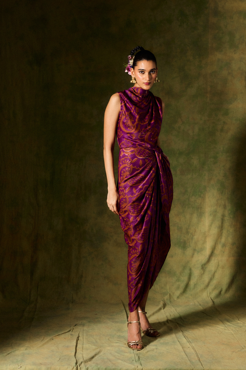 SAANJH SILK DRAPED DRESS satin by JodiLife for women in Singapore