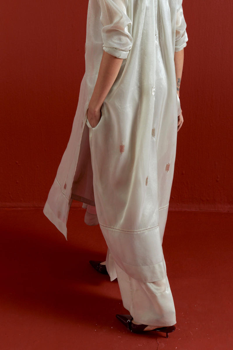 EMB. GATHER NECK SHIRT CO-ORD-METALLIC GREY tissue by THREE in grey color for women in Singapore
