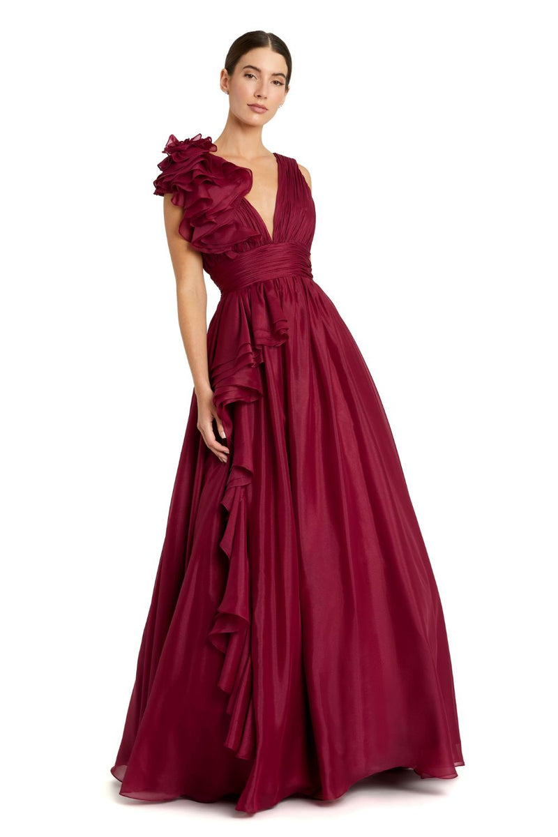 48856-Burgundy Ruffle Shoulder V-Neck Chiffon Gown chiffon by Mac Duggal for women in Singapore