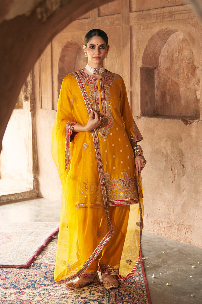 FARHANA - MUSTARD SHORT KURTA WITH SALWAR AND DUPATTA chanderi silk kurta/kurta set by SHEETAL BATRA in mustard for women in Singapore