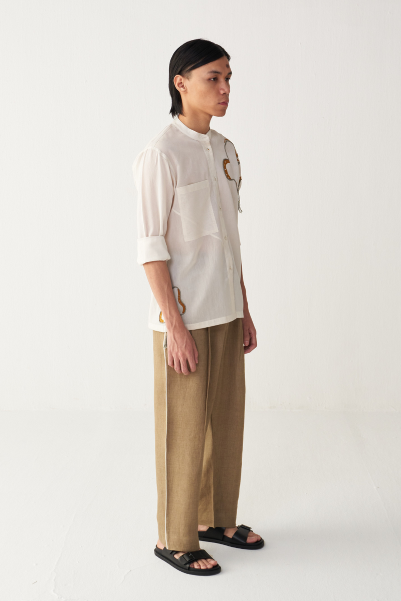 FLORAL ROPE EMB. SHIRT chanderi by THREE Men in ivory color for men in Singapore