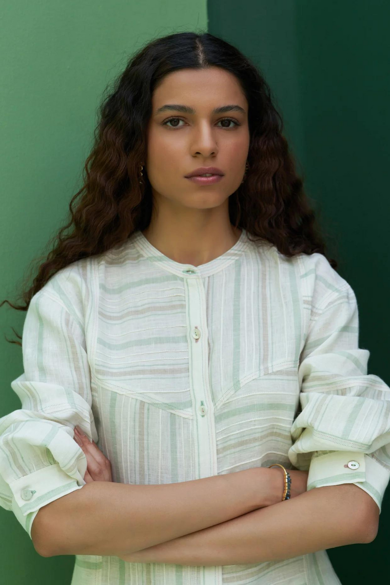 Miyu Pintucked Linen Shirt
- Mint linen by Manan in mint color for women in Singapore