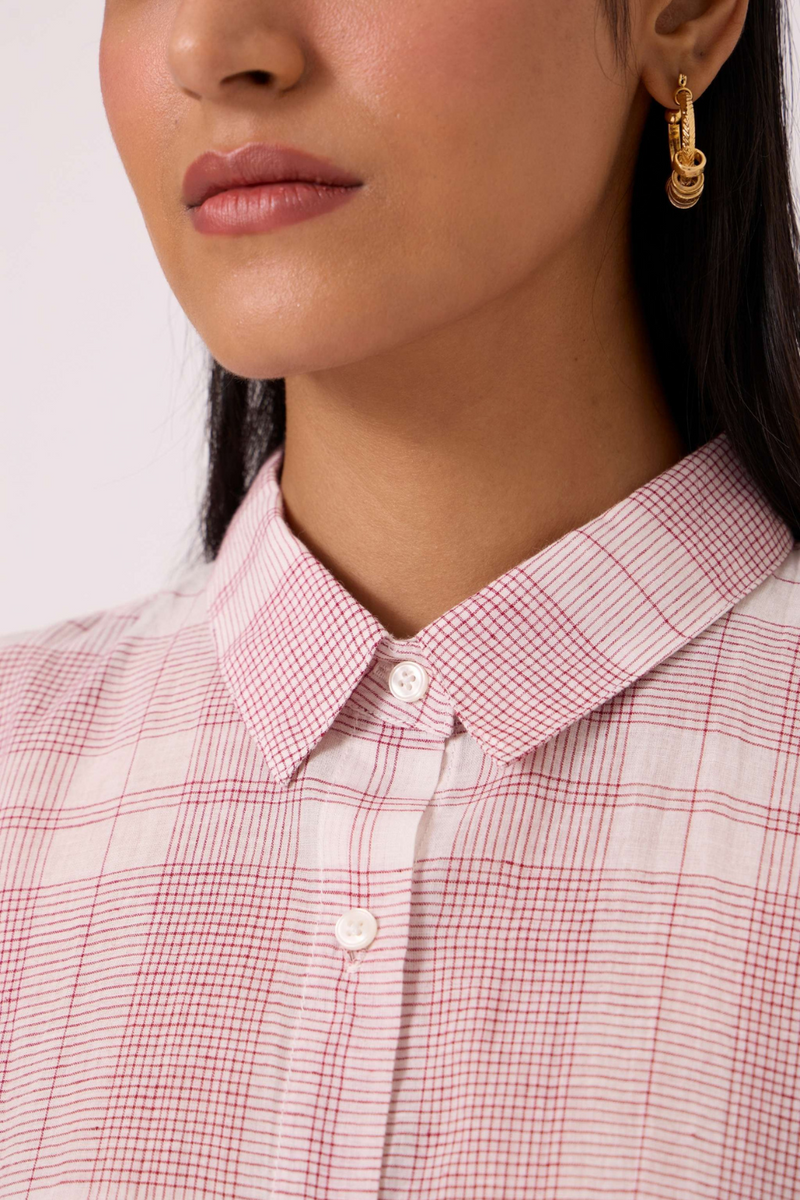 Sibyl Checkered Handwoven Shirt cotton by The Summer House in red color for women in Singapore