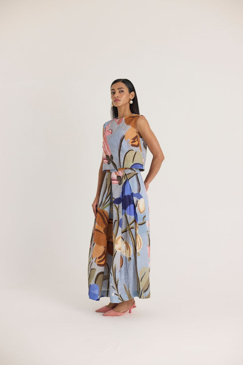 NICO LINEN TOP & SKIRT SET linen by Yam in blue color for women in Singapore