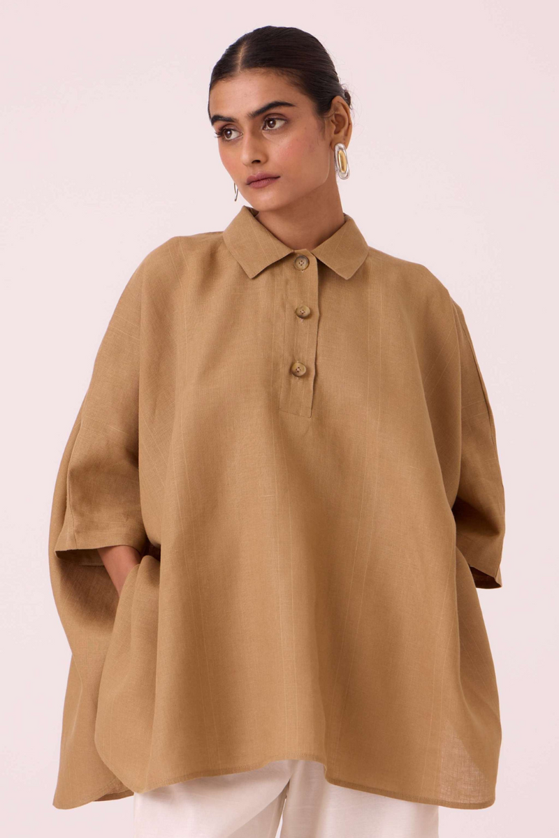 Liberty Tan Linen Cape Top linen by The Summer House for women in Singapore