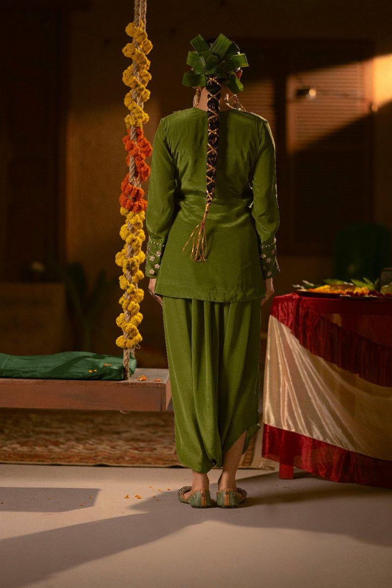 Sunira Green Tunic Top & Dhoti Skirt Set- Mehendi