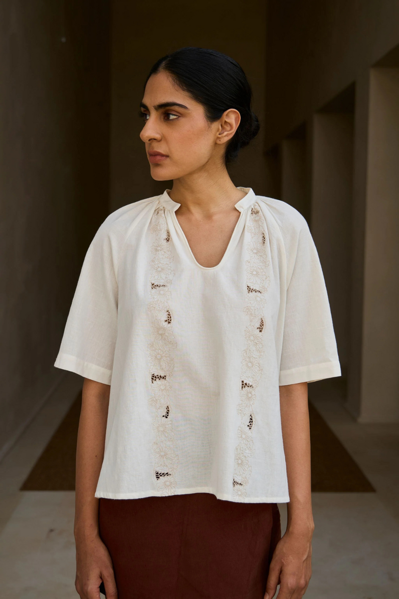 Bheer Handwoven Embroidered Top cotton by The Summer House in white color for women in Singapore