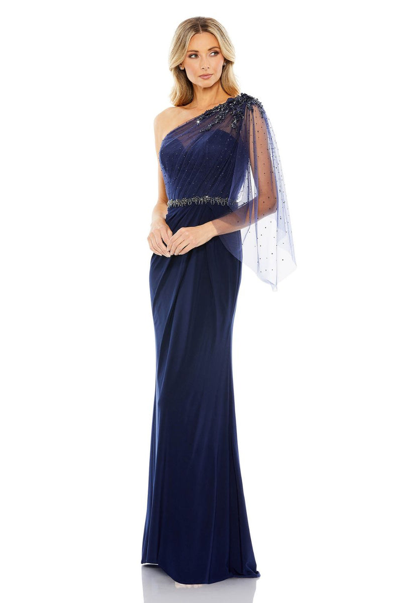 79392-Embellished One Shoulder Draped Gown by Mac Duggal in navy color for women in Singapore
