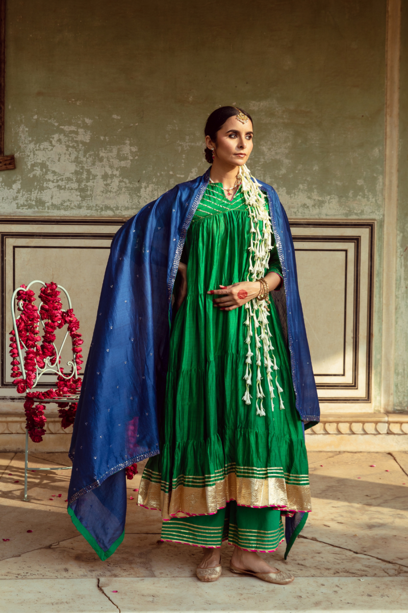 Green & Blue Chanderi Silk Embroidered Tiered Kurta Set silk Buy Green & Blue Chanderi Silk Embroidered Tiered Kurta Set from C&W | Kurta/Kurta Sets for Women by Maison Shefali in multi color for women in Singapore