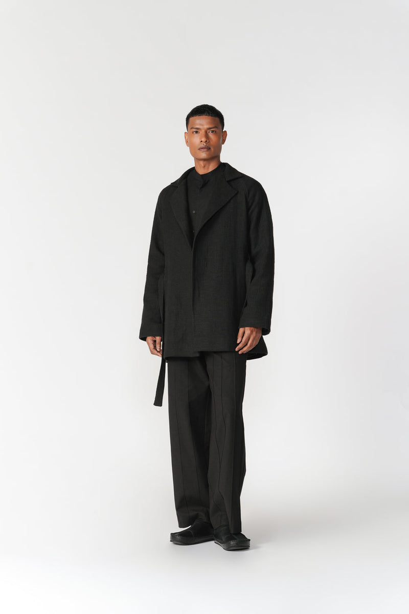 Chenille Notch Lapel Short Overcoat jacket/overlay by Turn Black in black for men in Singapore